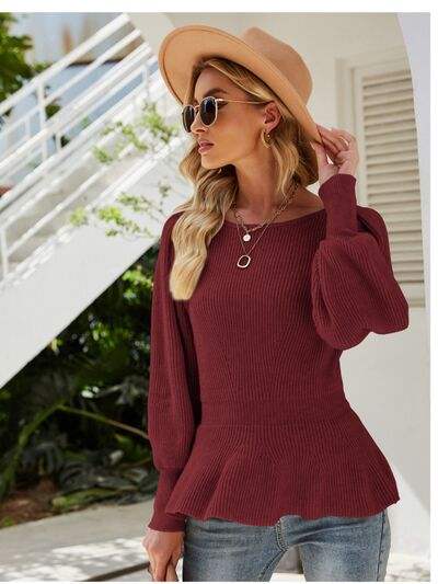 （No）Ribbed Round Neck Lantern Sleeve Sweater - Trendsi - Flyclothing LLC