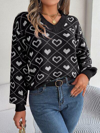 Heart Pattern V-Neck Long Sleeve Sweater - Trendsi