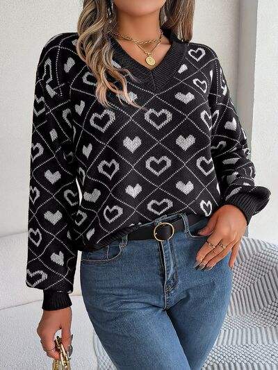 Heart Pattern V-Neck Long Sleeve Sweater - Trendsi - Flyclothing LLC