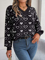 Heart Pattern V-Neck Long Sleeve Sweater - Trendsi - Flyclothing LLC