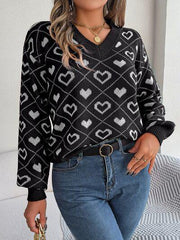 Heart Pattern V-Neck Long Sleeve Sweater - Trendsi