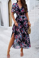 Smocked Floral V-Neck Short Sleeve Dress - Trendsi - Flyclothing LLC