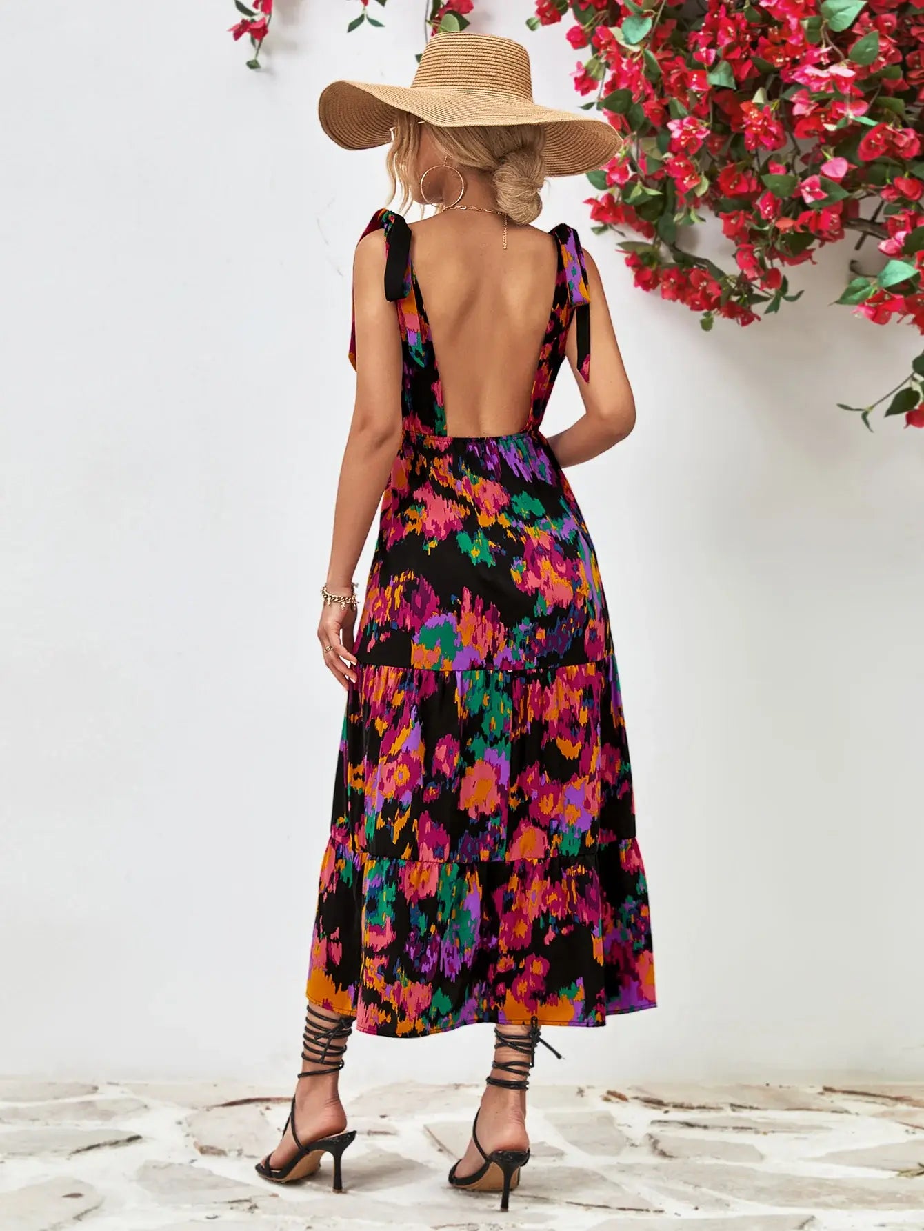 Multicolored V-Neck Backless Midi Dress - Trendsi - Flyclothing LLC