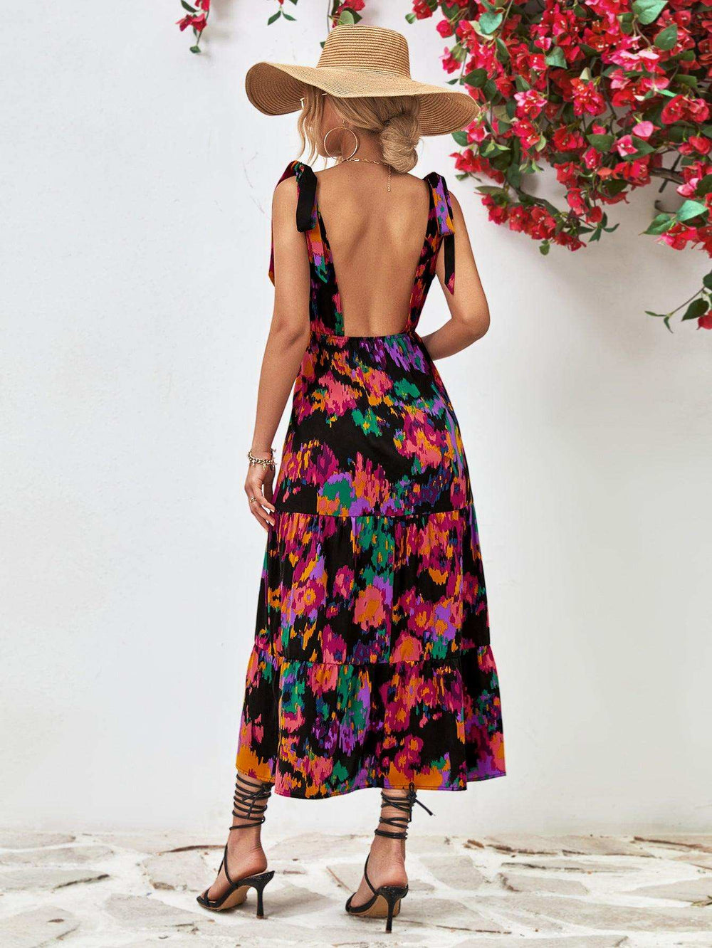 Multicolored V-Neck Backless Midi Dress - Trendsi - Flyclothing LLC