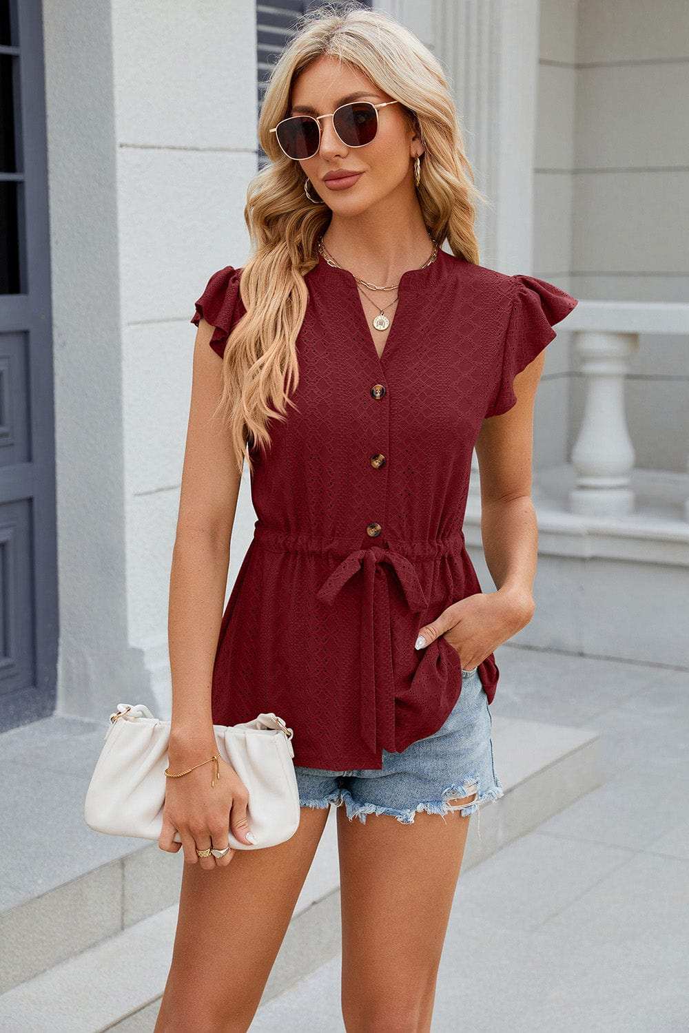 Eyelet Notched Cap Sleeve Blouse - Trendsi - Flyclothing LLC
