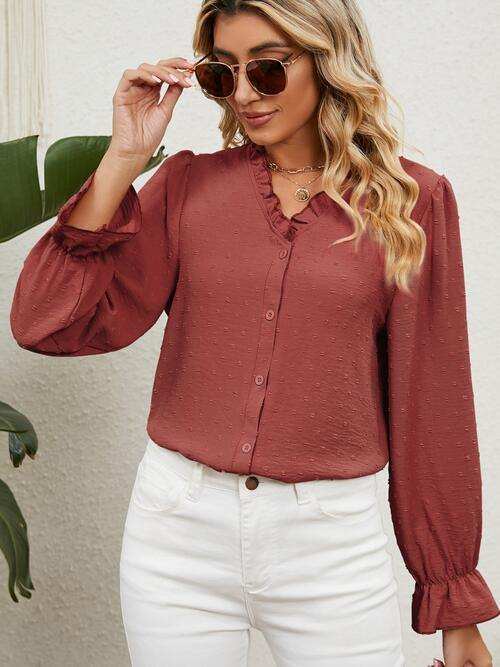 Button Up Flounce Sleeve V-Neck Shirt - Trendsi - Flyclothing LLC