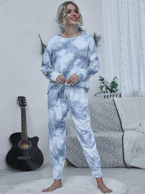 Tie-dye Round Neck Top and Drawstring Pants Lounge Set - Trendsi - Flyclothing LLC