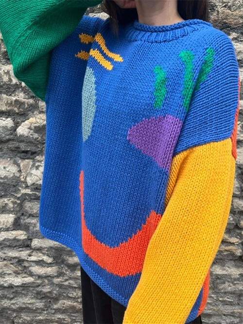 Contrast Drop Shoulder Long Sleeve Sweater - Trendsi - Flyclothing LLC
