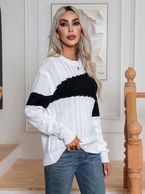 Color Block Cable-Knit Round Neck Sweater - Trendsi