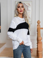Color Block Cable-Knit Round Neck Sweater - Trendsi