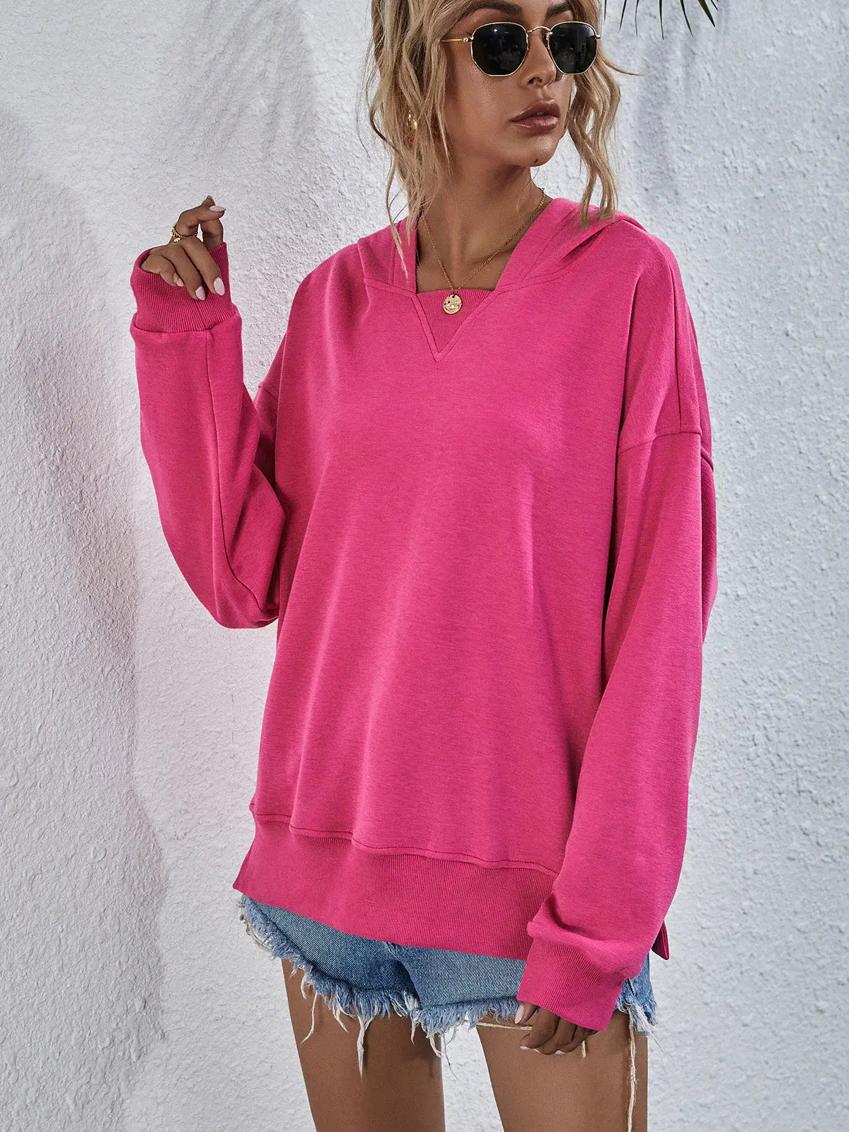 Dropped Shoulder Slit Hoodie - Trendsi - Flyclothing LLC