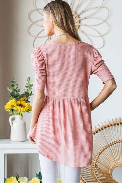 Heimish Full Size Waffle Knit V-Neck Babydoll Top - Trendsi - Flyclothing LLC