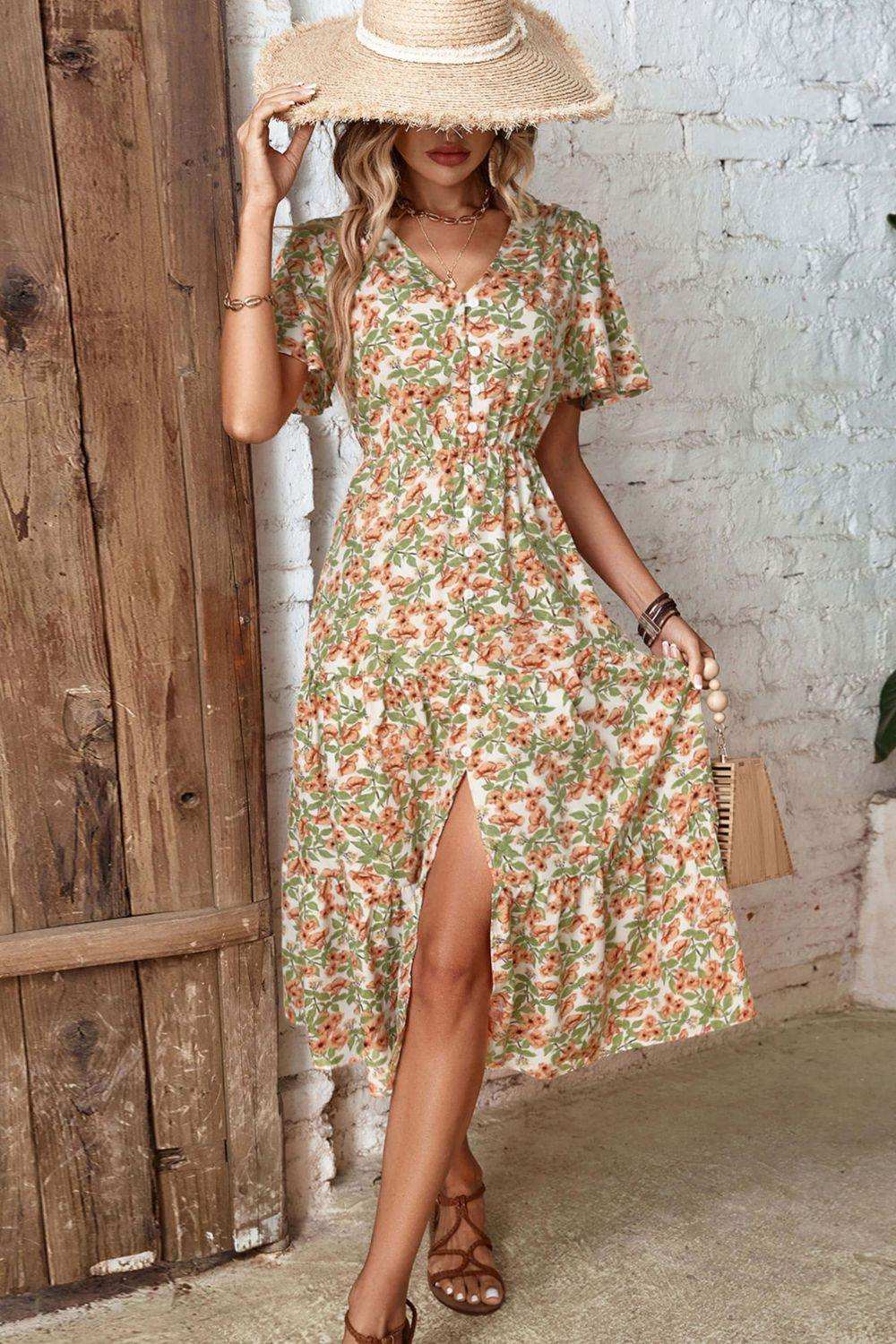Floral V-Neck Front Slit Dress - Trendsi - Flyclothing LLC