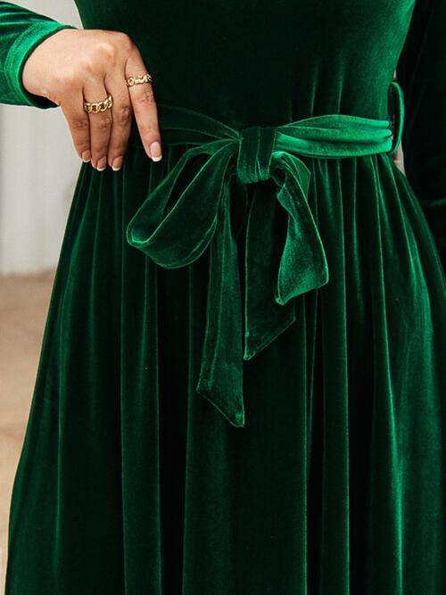 Tie Front Round Neck Long Sleeve Maxi Dress - Trendsi - Flyclothing LLC