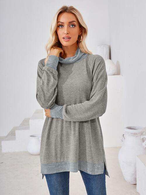 Contrast Mock Neck Long Sleeve T-Shirt - Trendsi - Flyclothing LLC