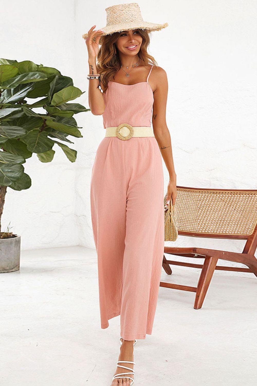 Cutout Spaghetti Strap Tie Back Wide Leg Jumpsuit - Trendsi