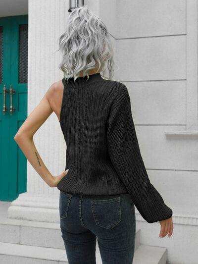 Cable-Knit Round Neck Asymmetrical Sweater - Trendsi - Flyclothing LLC