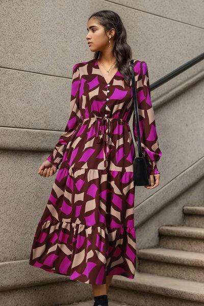 Printed Tied Pocketed Lantern Sleeve Dress - Trendsi - Flyclothing LLC