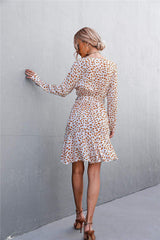 Printed V-Neck Tie Belt Ruffle Hem Mini Dress - Trendsi - Flyclothing LLC