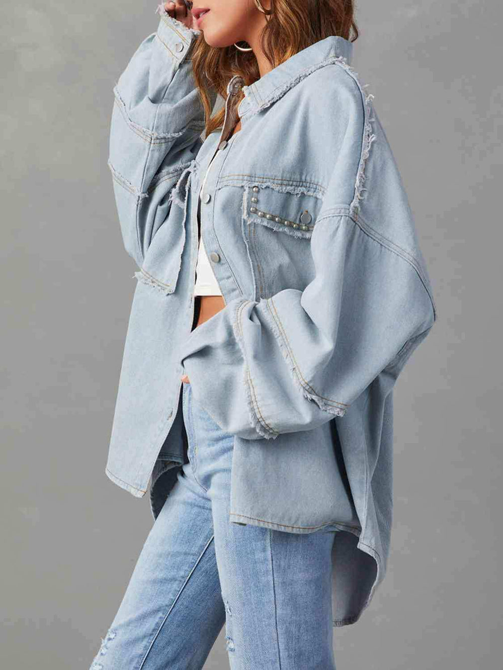Button Down Raw Hem Denim Jacket - Trendsi - Flyclothing LLC