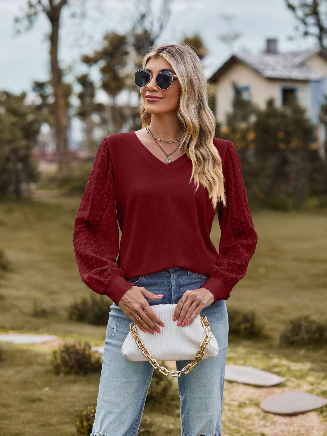 Swiss Dot V-Neck Long Sleeve Blouse - Trendsi - Flyclothing LLC