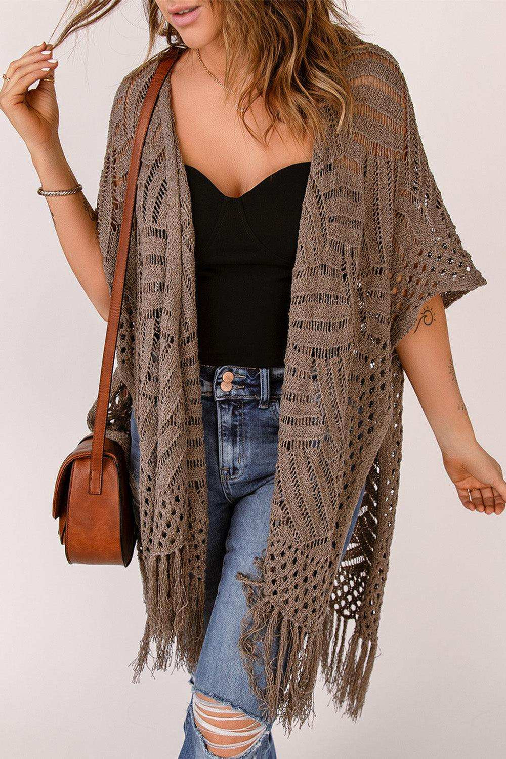 Fringe Hem Slit Open Front Cardigan - Trendsi - Flyclothing LLC
