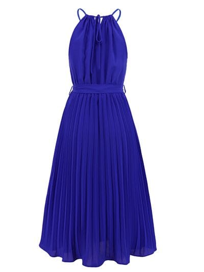 Pleated Spaghetti Strap Tie Waist Midi Dress - Trendsi