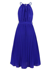 Pleated Spaghetti Strap Tie Waist Midi Dress - Trendsi