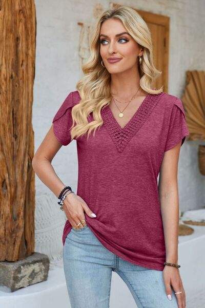 V-Neck Petal Sleeve T-Shirt - Trendsi - Flyclothing LLC
