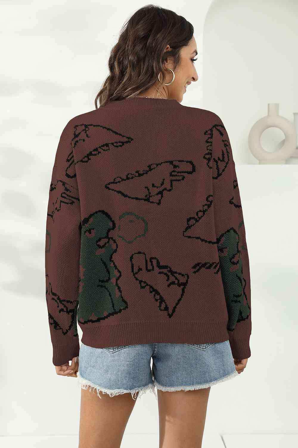 Dinosaur Print Pullover Sweater - Trendsi - Flyclothing LLC