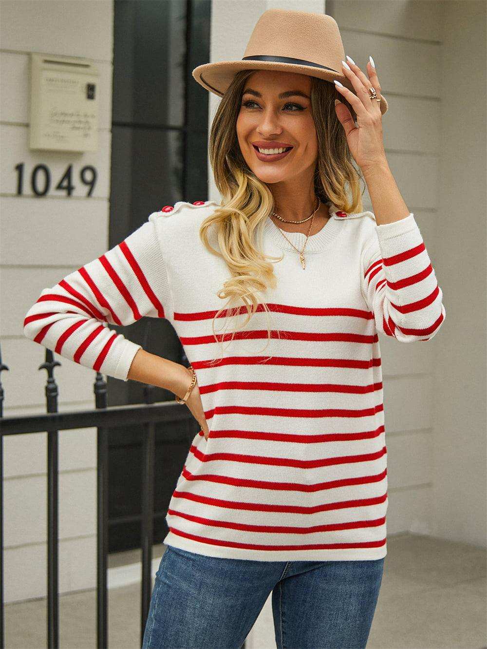 Round Neck Shoulder Button Striped Pullover Sweater - Trendsi - Flyclothing LLC