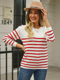 Round Neck Shoulder Button Striped Pullover Sweater - Trendsi - Flyclothing LLC