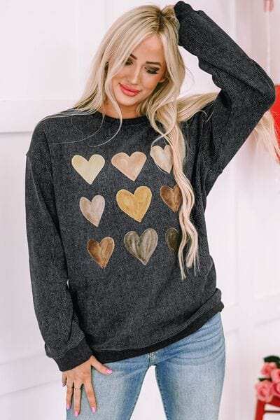 Heart Round Neck Dropped Shoulder Sweatshirt - Trendsi - Flyclothing LLC