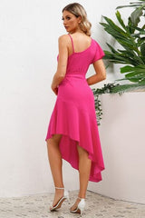 Ruffled Asymmetrical Neck Flutter Sleeve Dress - Trendsi
