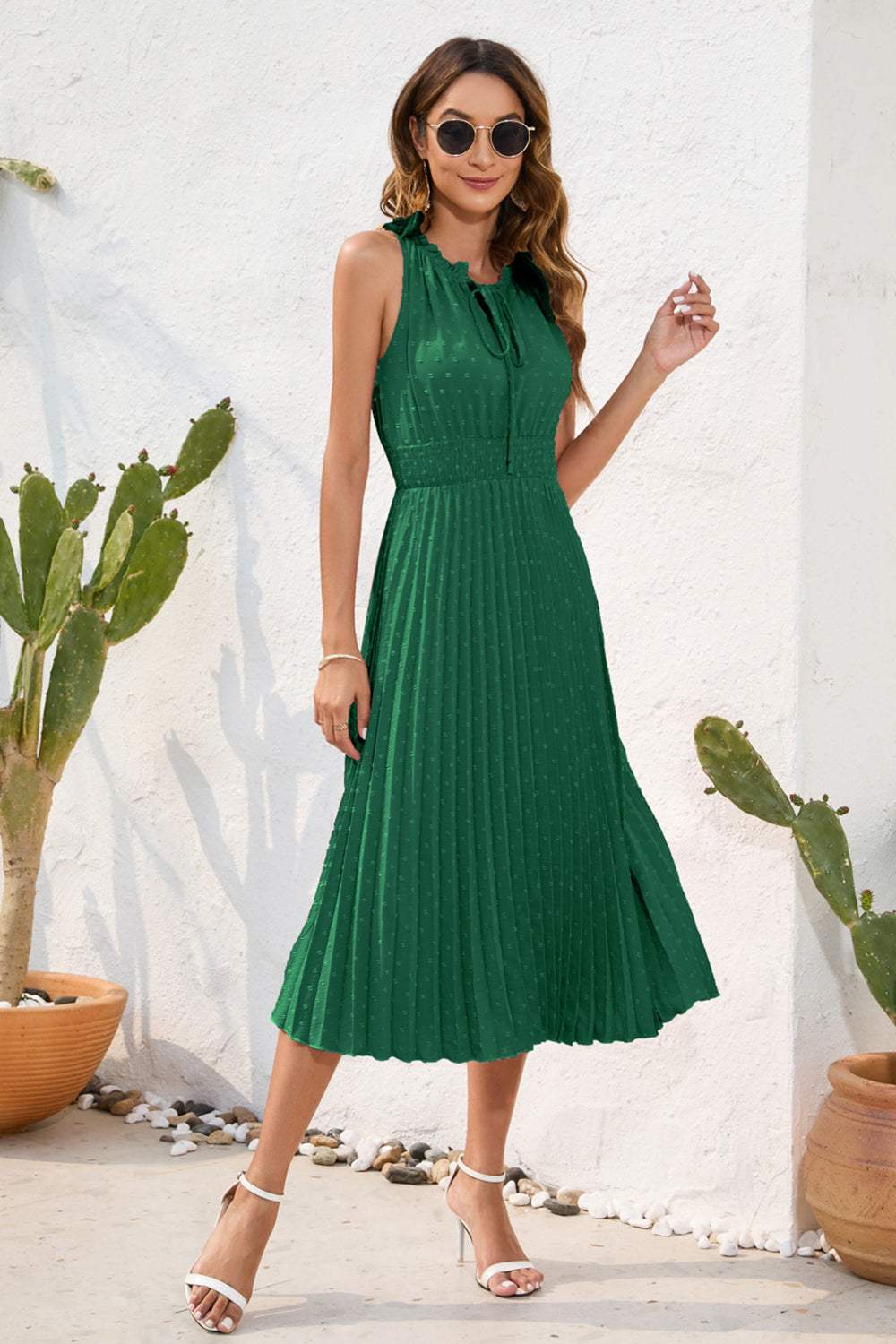 Swiss Dot Tie Neck Sleeveless Dress - Trendsi - Flyclothing LLC