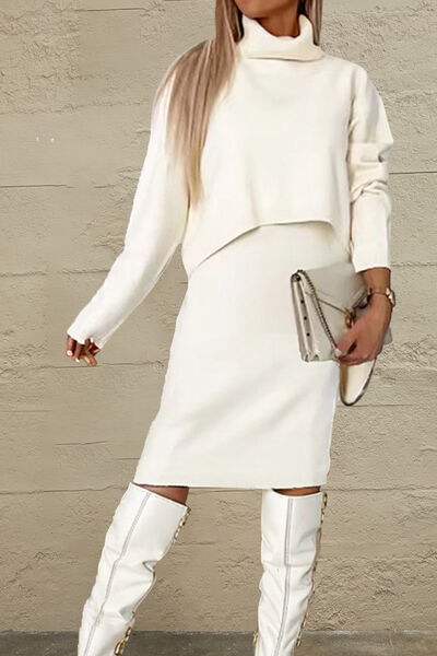 Turtleneck Dropped Shoulder Sweater and Midi Dress Sweater Set - Trendsi - Flyclothing LLC