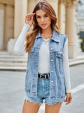 Pocketed Button Up Sleeveless Denim Jacket - Trendsi