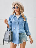 Distressed Raw Hem Dropped Shoulder Denim Jacket - Trendsi