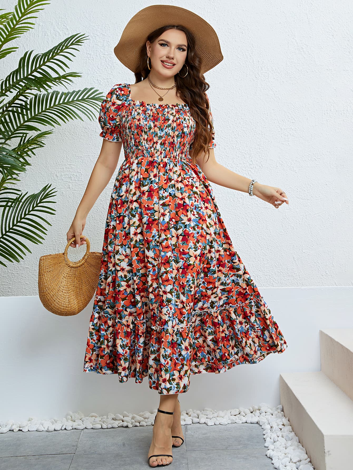 Plus Size Floral Smocked Square Neck Dress – Flyclothing LLC | Strandkleider