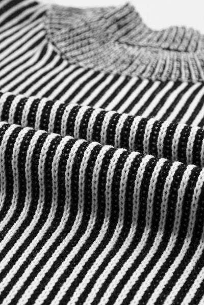 Striped Mock Neck Dropped Shoulder Sweater - Trendsi - Flyclothing LLC