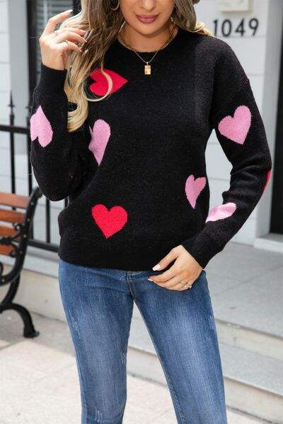 Heart Round Neck Droppped Shoulder Sweater - Trendsi - Flyclothing LLC