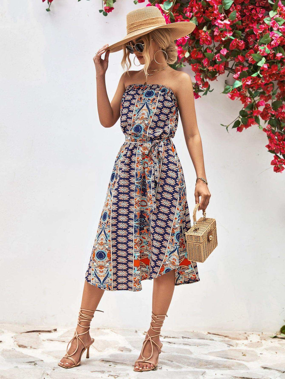 Printed Strapless Tie Belt Dress - Trendsi - Flyclothing LLC