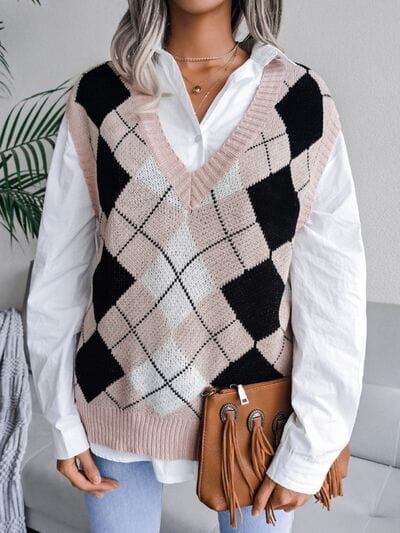 Plaid V-Neck Sweater Vest - Trendsi
