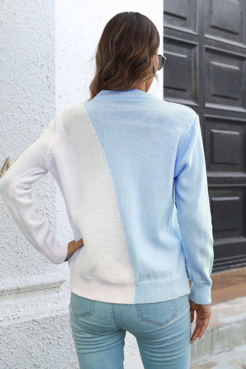 Contrast Color Round Neck Long Sleeve Sweater - Trendsi - Flyclothing LLC