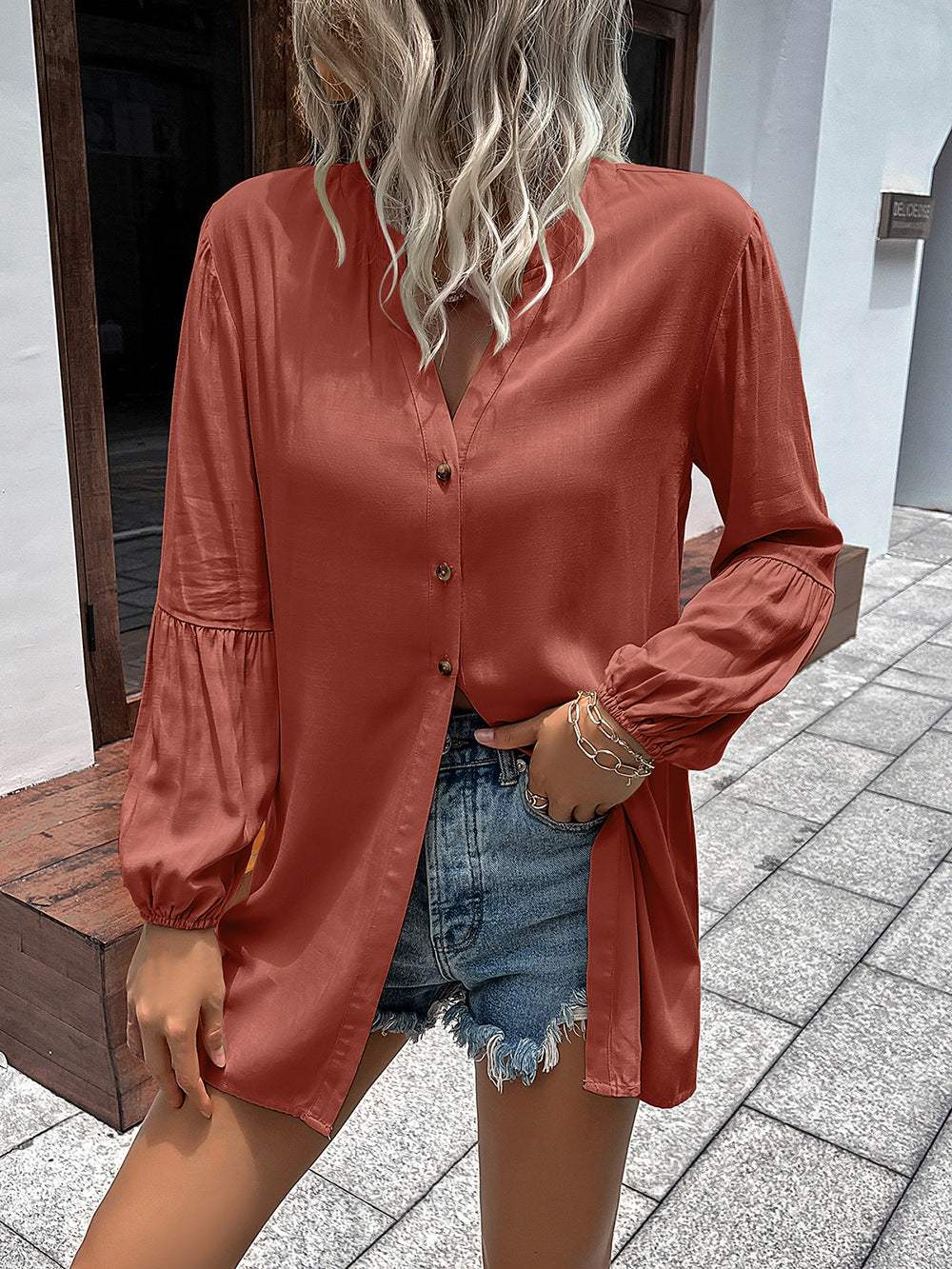 Notched Neck Balloon Sleeve Shirt - Trendsi - Flyclothing LLC
