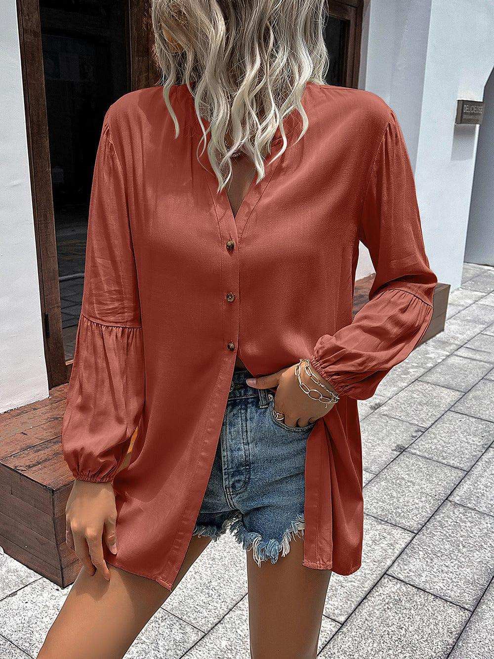 Notched Neck Balloon Sleeve Shirt - Trendsi - Flyclothing LLC