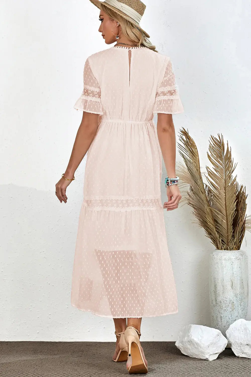 Swiss Dot V-Neck Short Sleeve Midi Dress - Trendsi - Flyclothing LLC