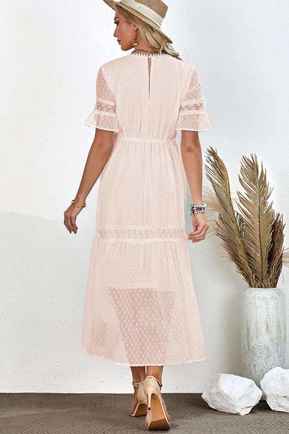 Swiss Dot V-Neck Short Sleeve Midi Dress - Trendsi - Flyclothing LLC