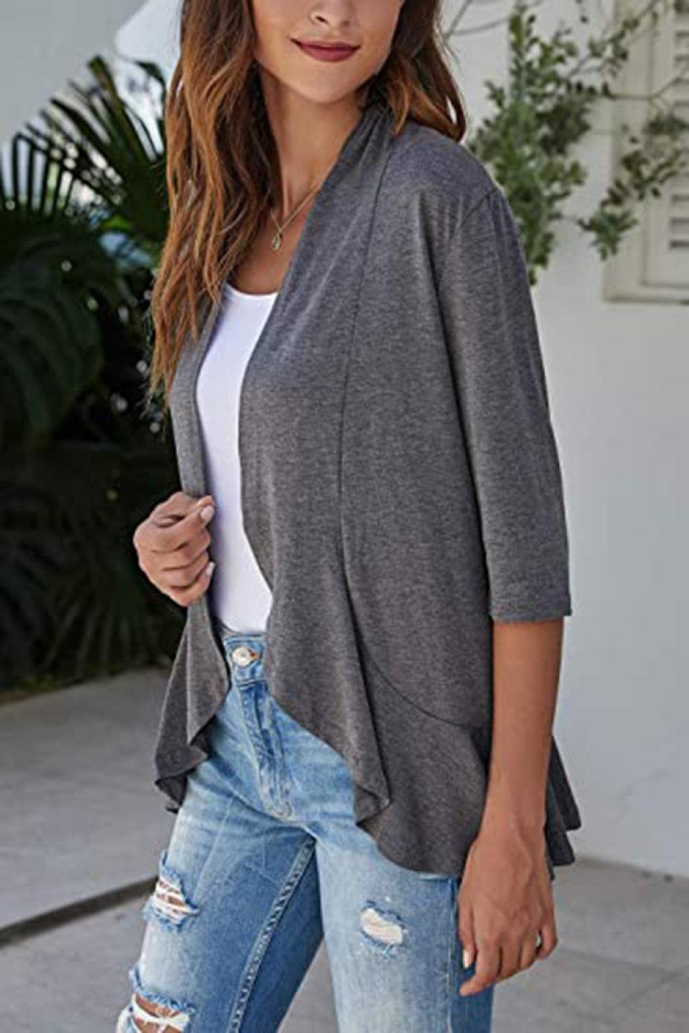 Open Front Ruffle Trim Cardigan - Trendsi