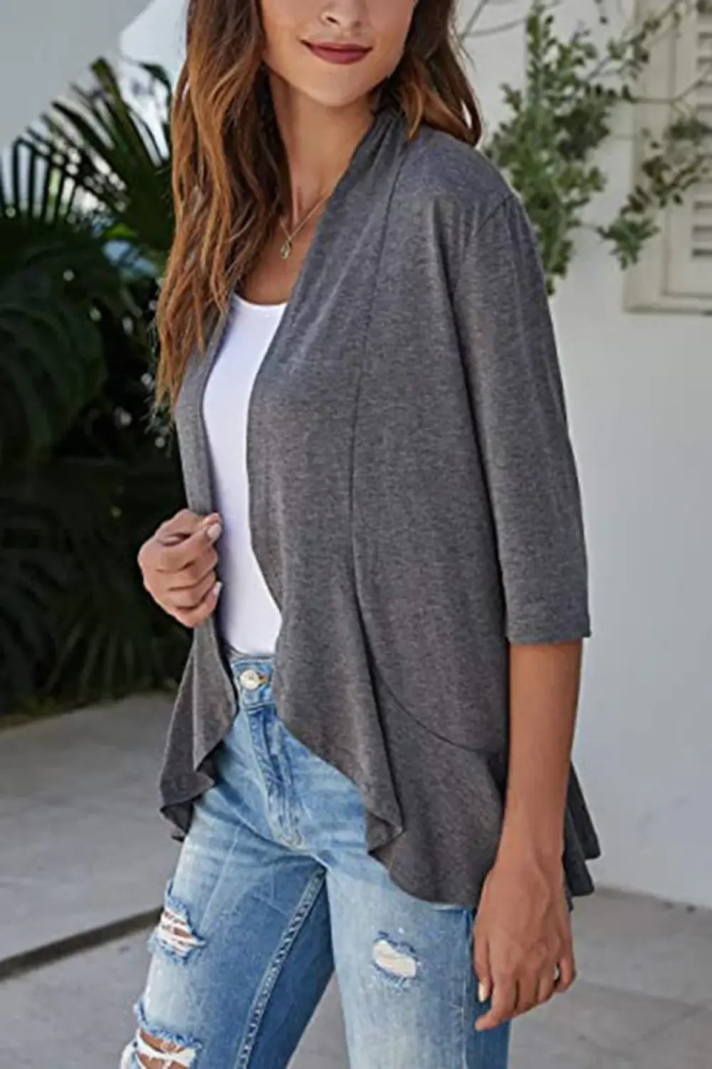 Open Front Ruffle Trim Cardigan - Trendsi - Flyclothing LLC